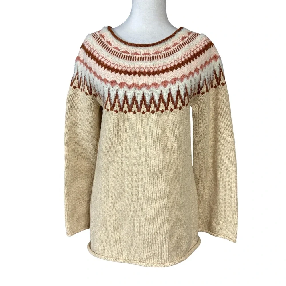 Sundance Womens Sweater Beige‎ Fair Isle Cotton Nylon Wool Pullover
